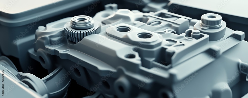 Poster close-up view of a detailed automotive engine component showcasing intricate design and engineering 
