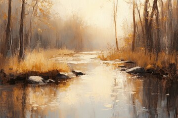 A Serene Stream Through Golden Autumn Foliage