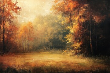 An Impressionistic Oil Painting of a Golden Autumn Forest