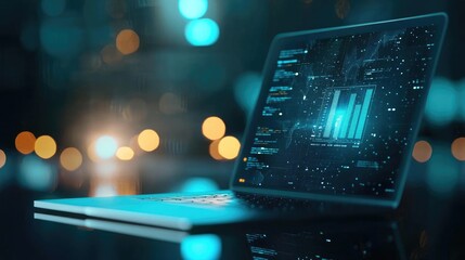 Stylish laptop displaying data visualization on a night cityscape background with bokeh lights. Perfect for tech and business themes.