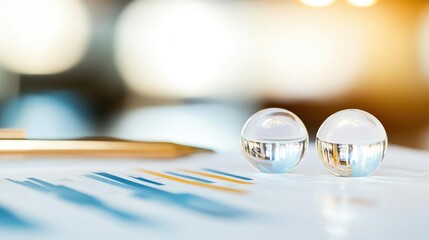 Transparent spheres on a document with colorful graphs, conveying clarity and focus in a business environment.