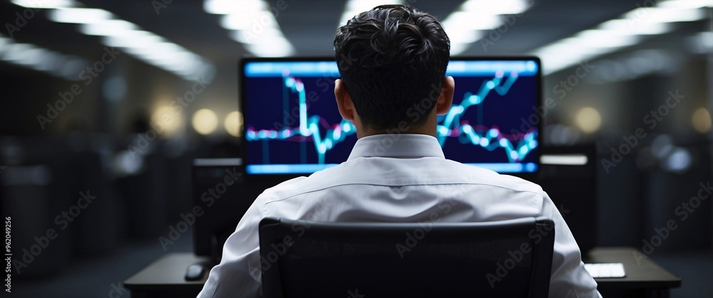 Poster mastering the markets: a focused trader analyzes stock charts on dual monitors, immersed in the fast