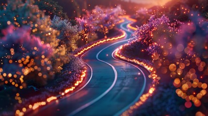 Enchanting Twisted Road Illuminated by Glowing Lights