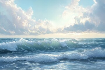 A Blue Ocean Scene with Rolling Waves and Clouds in the Sky