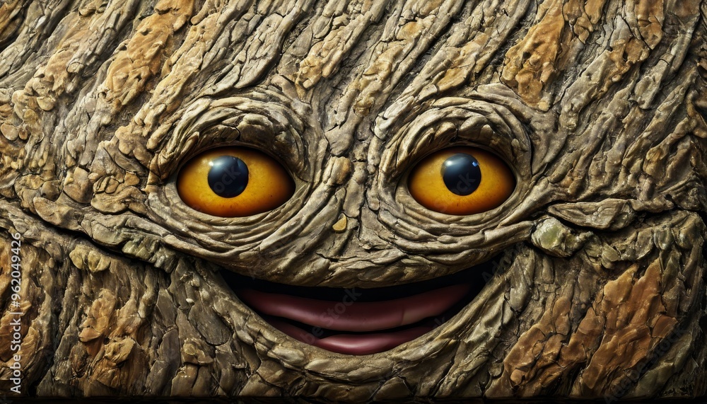 Poster an imaginative wooden textured face with large, expressive yellow eyes and a wide smile. the intrica