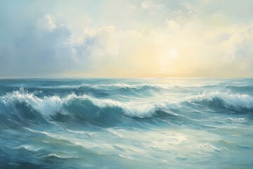 Fototapeta premium A Seascape with Rolling Waves and a Sunlit Sky