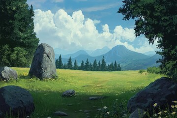 Picturesque Mountain Meadow with Large Boulders