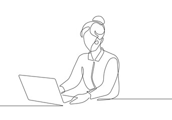 Businesswoman Working Silhouette Continuous One Line Vector Illustration. Abstract Black Sketch Illustration of Businesswoman with Laptop for Minimalist Design.