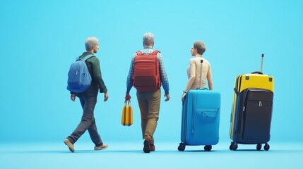 Three travelers walk together, carrying colorful luggage against a bright blue backdrop, showcasing adventure and companionship.