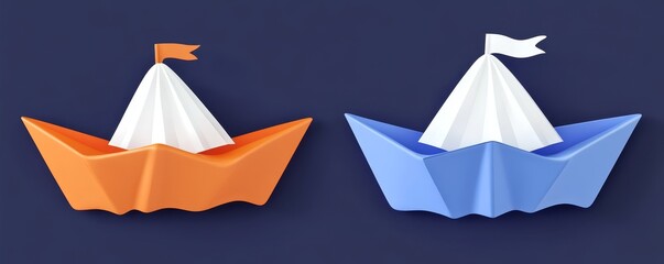 Two colorful paper boats, one blue and one orange, float on a dark background, symbolizing creativity and imagination.