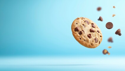 Photo of a chocolate chip cookie flying, on a blue background. Web banner with copy space on the right.