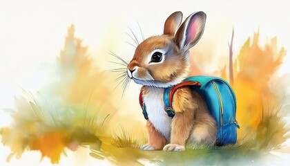 a watercolor sketch illustration of a baby rabbit, back to school, rabbit with a backpack, back to school projects, pet related designs, artwork a dreamy, gentle touch, making it perfect for children