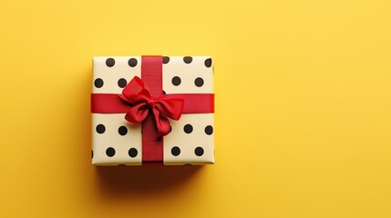Cheerful Polka Dot Gift Box on Vibrant Yellow Background for Festive Promotion Design