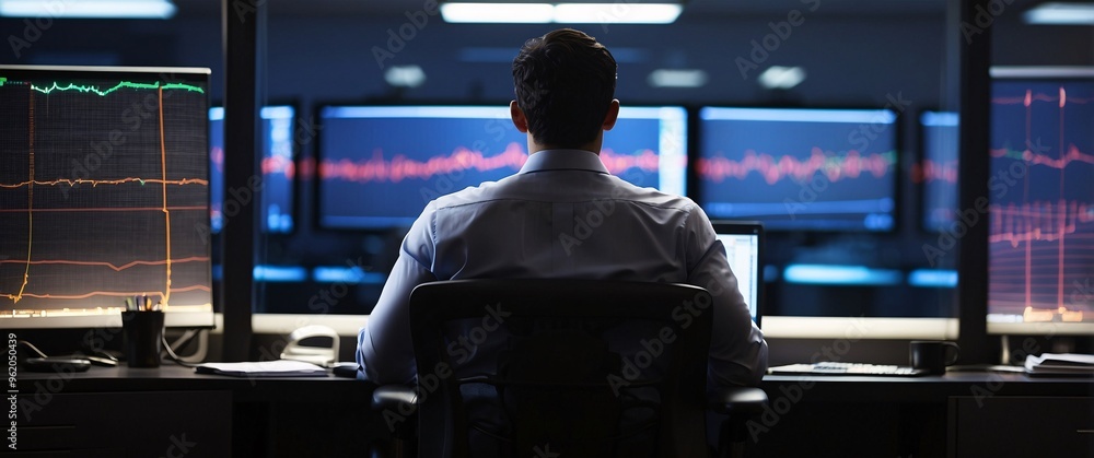 Aufkleber the data analyst: a lone figure sits before a wall of monitors, intently analyzing complex data stre