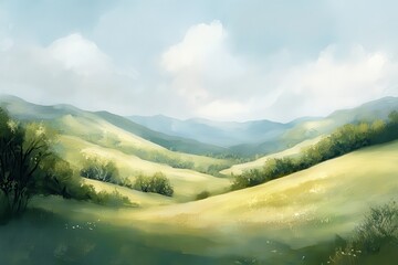 A picturesque painting depicting a lush green valley surrounded by rolling hills and a clear blue sky.
