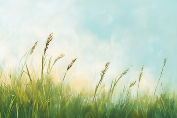 Abstract Painting of Grass Blades and a Blue Sky