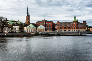 Stockholm Sweden panoramic view of Vasa Bridge and Gamla Stan Old Town Building calm water