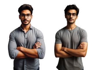 A young Indian man with arms crossed stands confidently | Transparent background
