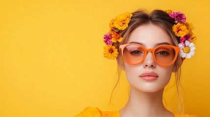 Fototapeta premium Vibrant Pop Art Portrait of a Young Woman in Orange Sunglasses Against a Colorful Background with Floral Accents, Bold Hues and Dynamic Brushwork