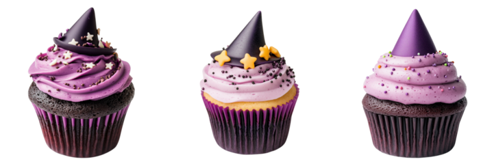 Three enchanting Halloween cupcakes with whimsical purple frosting and fun decorations, perfect for a festive celebration or themed party.
