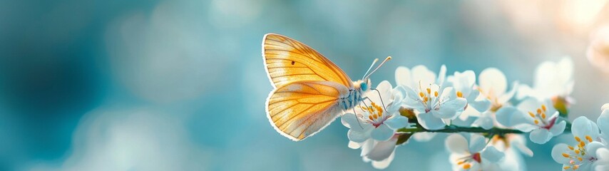 Obraz premium Delicate butterfly with soft peach fuzz resting on vibrant flowers, set against a modern minimalist backdrop, showcasing tranquility and elegance in nature.