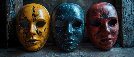 Obraz premium Ominous and Haunting Halloween Masks for Spooky Decor and Ambiance Eerie creepy and mysterious masks in dark colors perfect for setting the mood for a haunted house or Halloween