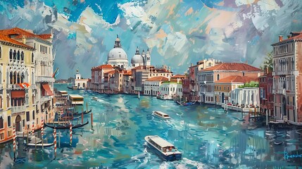 A vibrant painting of a canal in Venice, showcasing colorful buildings and boats under a bright sky.