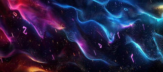 3D Abstract Background with Glowing Numbers and Metallic Wave Patterns for Digital Design