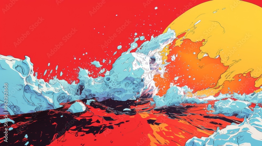 Poster this vibrant abstract illustration features ocean waves crashing against a setting sun, set against 