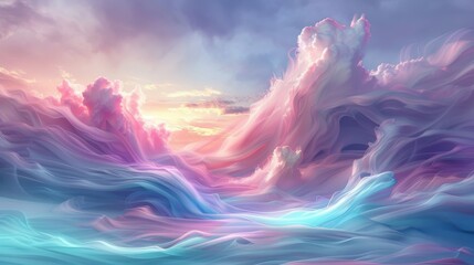 A colorful, abstract painting of a sky with clouds and a sun