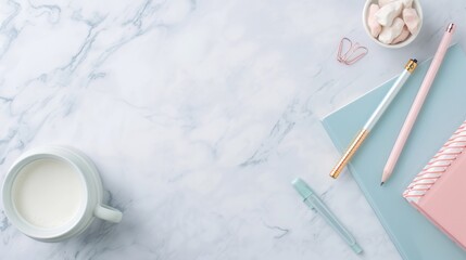A white mug with milk sits on a marble countertop