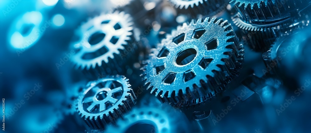 Poster workflow optimization and improved productivity concept with blue mechanical gears and copy space fo