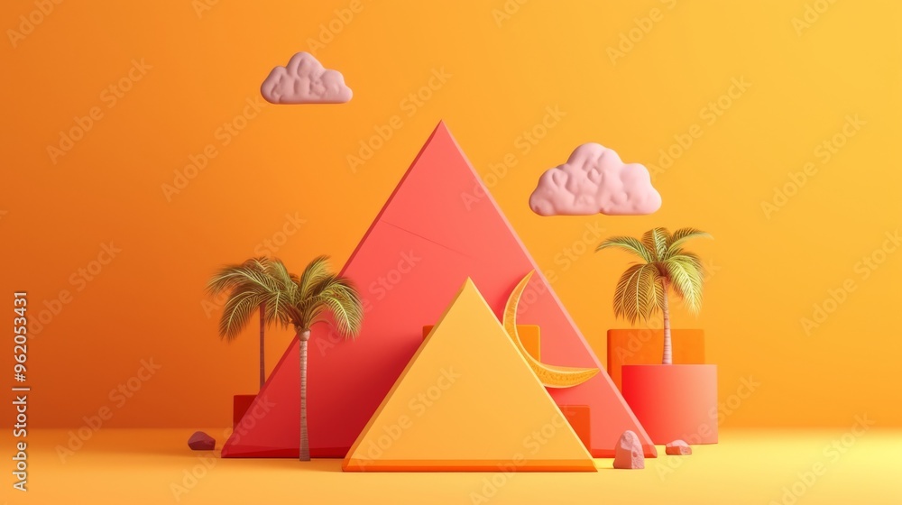 Poster a surreal landscape featuring abstract pyramids with palm trees and clouds set against an orange bac