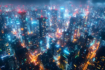 Fototapeta premium An aerial view of a smart city at night, showcasing interconnected skyscrapers with vibrant blue and green neon lights, communication network