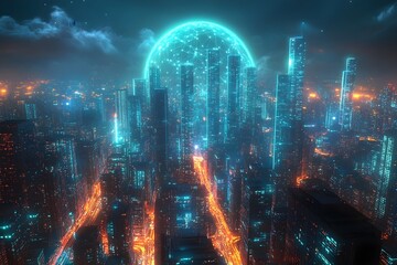 Fototapeta premium An aerial view of a smart city at night, showcasing interconnected skyscrapers with vibrant blue and green neon lights, communication network