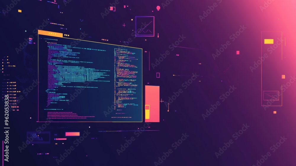 Aufkleber Futuristic digital screen with colorful lines of code representing programming and software development.