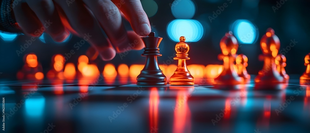 Poster strategically planning and optimizing business processes with a metaphorical chess game showcasing t