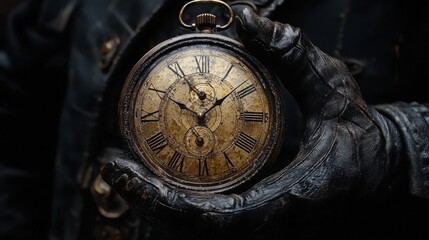 Antique Pocket Watch Held by Leather Gloved Hand