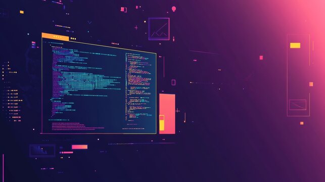 Futuristic digital screen with colorful lines of code representing programming and software development.