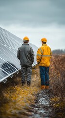 Solar Panel Engineers Inspecting Renewable Energy Field