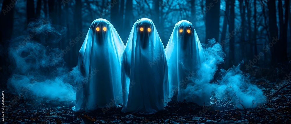 Poster Ethereal ghostly figures in flowing robes emerging from the mist and fog of a dark mystical forest setting  This conceptual image evokes a supernatural otherworldly atmosphere