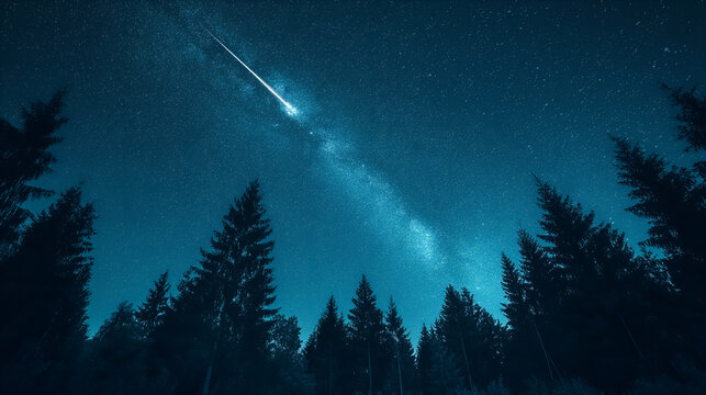 A comet streaked across the starry night sky, with a pine forest below