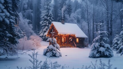 Cozy Snow-Covered Cabin Amidst Winter Forest - Christmas Holiday Decor