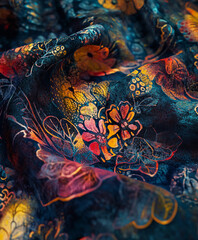 Batik fabric, showcasing intricate wax-resist dye patterns in a mix of deep blues, rich reds, and bright yellows