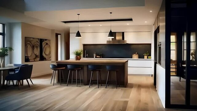 Modern Kitchen with Black and White Design and Wooden Floors