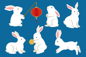 Vector of cute rabbit characters in different style for artwork design, Chinese Mid-Autumn festival such as rabbit holding mooncake, holding Chinese lantern, sitting or jumping.