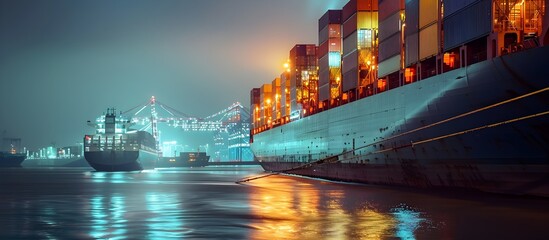 Obraz premium Container ships docked at a brightly lit port at night, surrounded by cranes and reflected lights on the water.