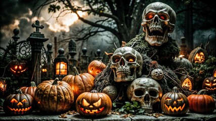 Haunting surreal macabre artwork featuring skeletal figures and cryptic symbols in shadowy realm