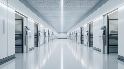 A futuristic dairy farm with automated feeders and robotic milking stations for cows