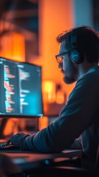 Software engineer programming code in a modern office during sunset, focused on coding in a tech-savvy workspace. Balancing tech and creativity.